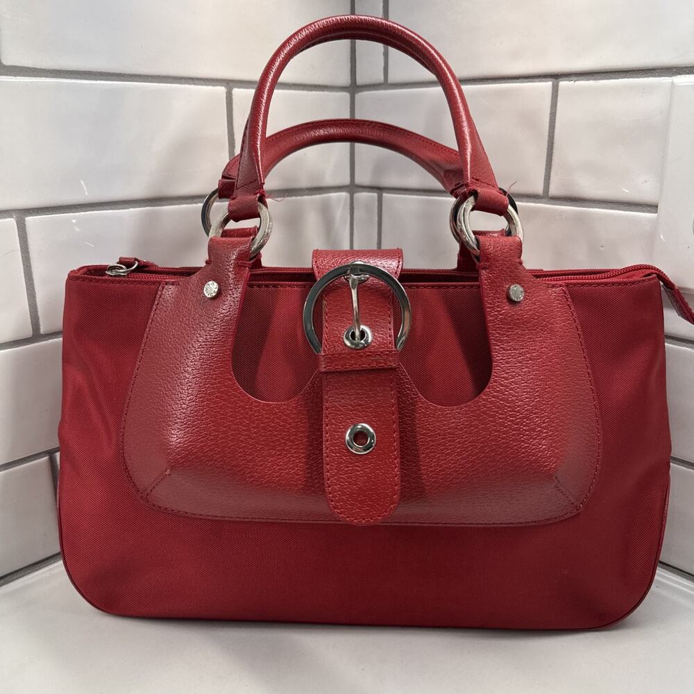 Lancel Paris Candy Red Canvas And Leather Handbag Silver Tone Buckle